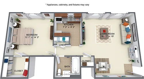 Floor plan 1 Bedroom 1 Bathroom - 680 SqFt