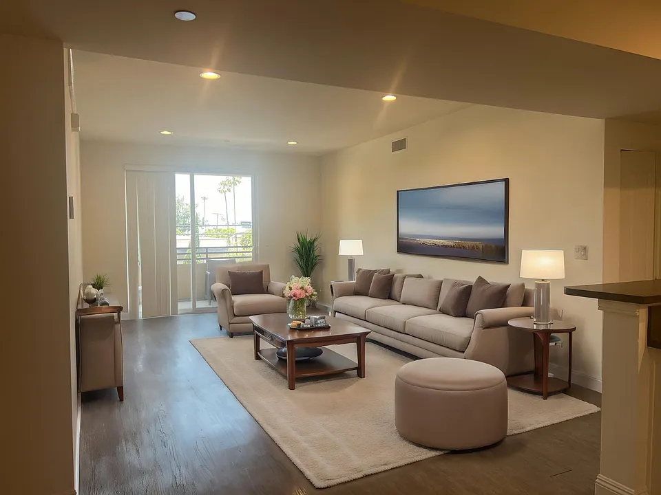 Living room upon entry open concept to kitchen - virtually staged