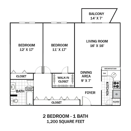 Floor plan 2 Bedroom 1 Bath
