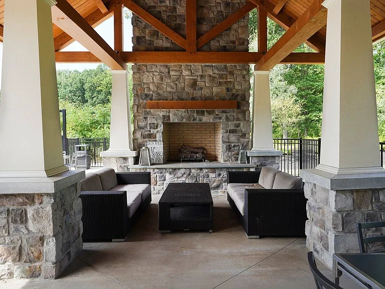 Outdoor resident lounge with fireplace