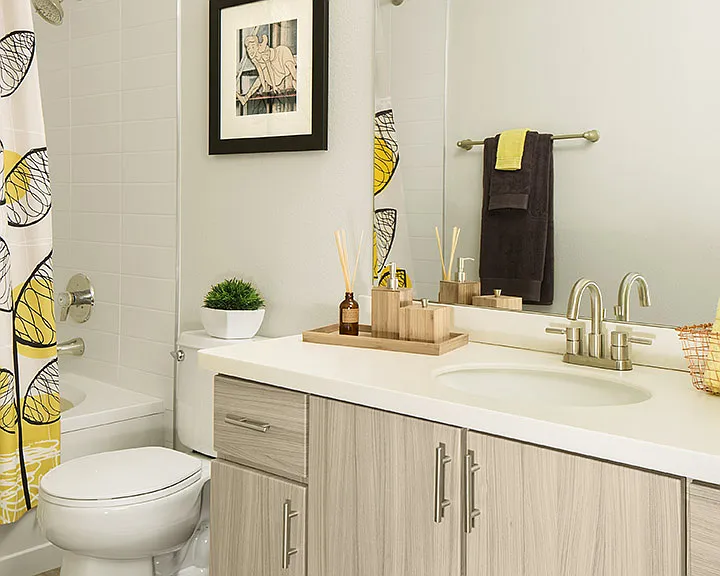 Apartment Bathroom with vanity mirror and soaking tub.