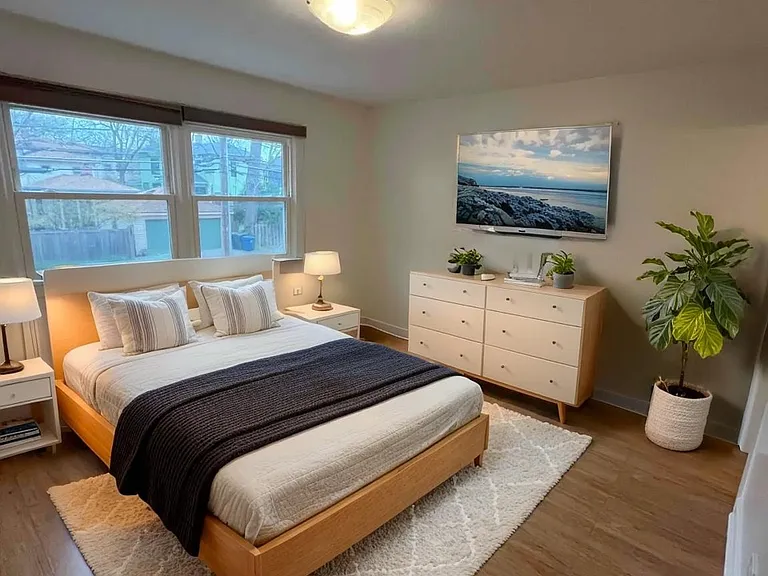 Primary bedroom staged