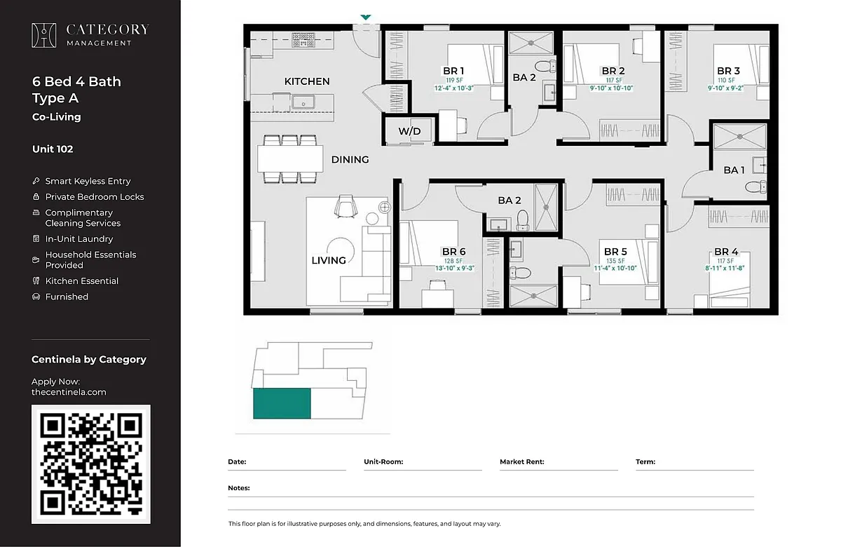 Floor plan Private Bedroom in Shared 6 Bed 4 Bath - A