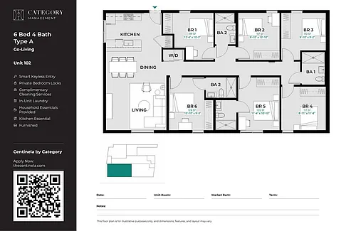 Floor plan Private Bedroom in Shared 6 Bed 4 Bath - A