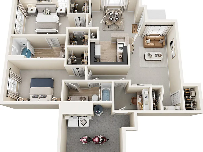 E1 Upgraded Floor Plan | 2 Bed 2 Bath | 1259 sq ft | Raveneaux Apartments | Houston, TX E1 Upgraded Floor Plan | 2 Bed 2 Bath | 1259 sq ft | Raveneaux Apartments | Houston, TX