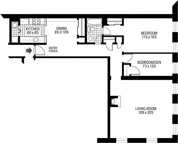 Floor plan 2 Bed 1 Bath - fireplace