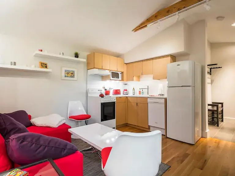 Combined kitchen & living spaces. The kitchen has an oven/cooktop with a ventilation hood, microwave, dishwasher, and refrigerator/freezer. NOT included: couch, chairs, and artwork.