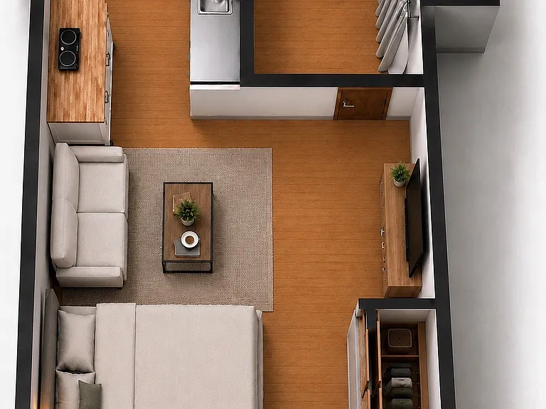 Virtually staged, to-scale floor plan illustrating the overall layout and one possible furniture arrangement. Furniture not included.