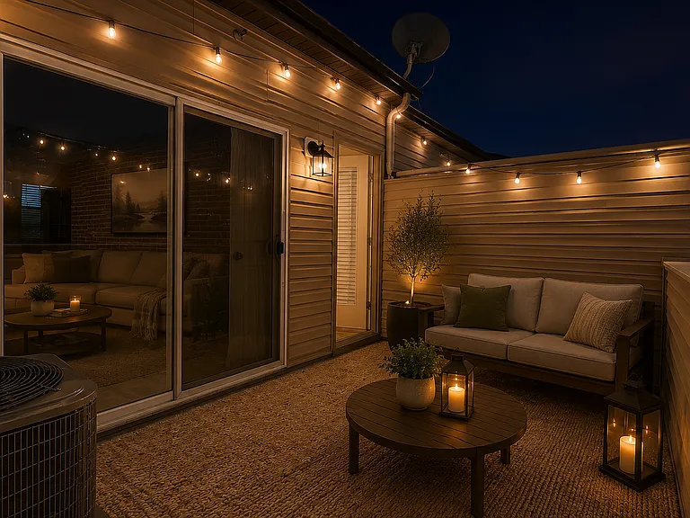 AI rendering of the patio at night with an outdoor rug, string lights, and patio furniture