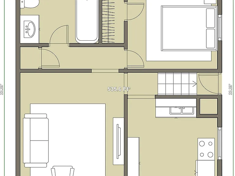 Chic 2D floor plan featuring a spacious bedroom, modern bathroom, cozy living room, and a well-equipped kitchen in 535.6 sq ft layout.
