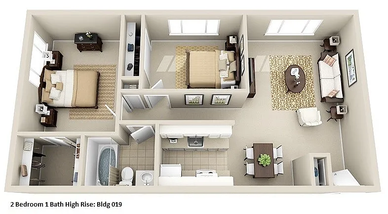 Floor plan High-Rise 2 Bedroom, 1 Bath