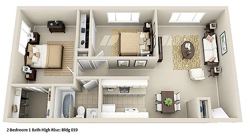 Floor plan High-Rise 2 Bedroom, 1 Bath