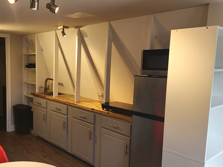 Kitchenette area with 4 cabinets, refrigerator and induction cooktop