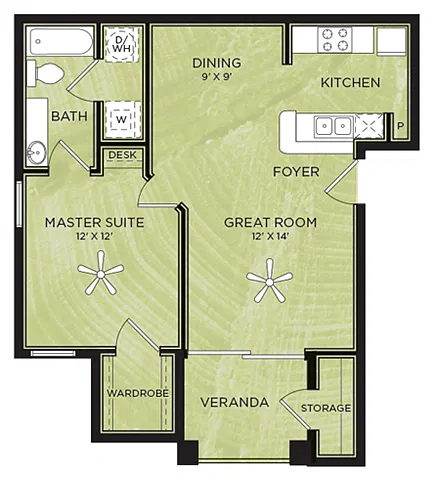 Floor plan A1: 1 Bed 1 Bath