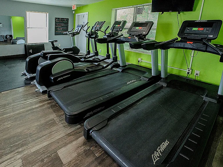 Modern fitness center featuring several state-of-the-art treadmills with vibrant green walls and sleek wooden flooring.