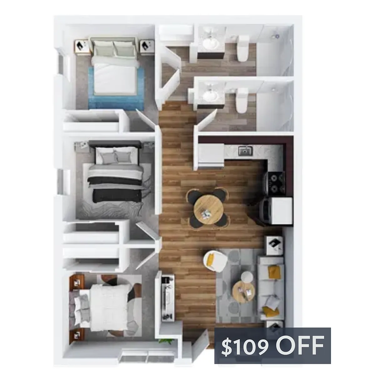 Floor plan 3BR/2BA - B