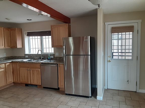 Kitchen with dishwasher and fridge.