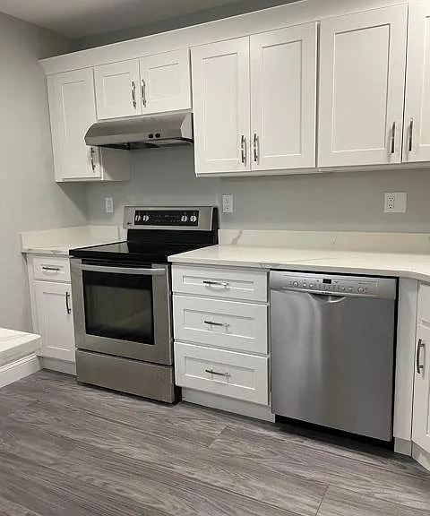 Kitchen Shaker Cabinets and Stainless Appliances and Roma Quartz Countertop