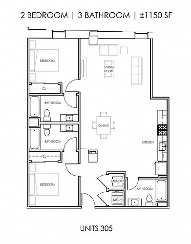 Floor plan Two Bedroom Three Bath