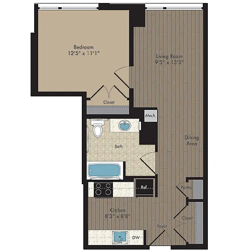 Floor plan 1 Bed/1 Bath 1.1d - 60%