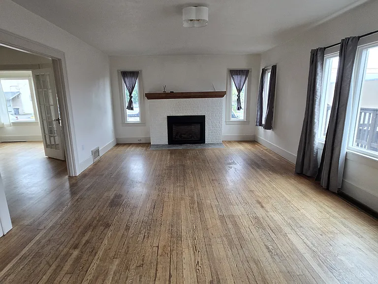 Living room with gas fireplace.
