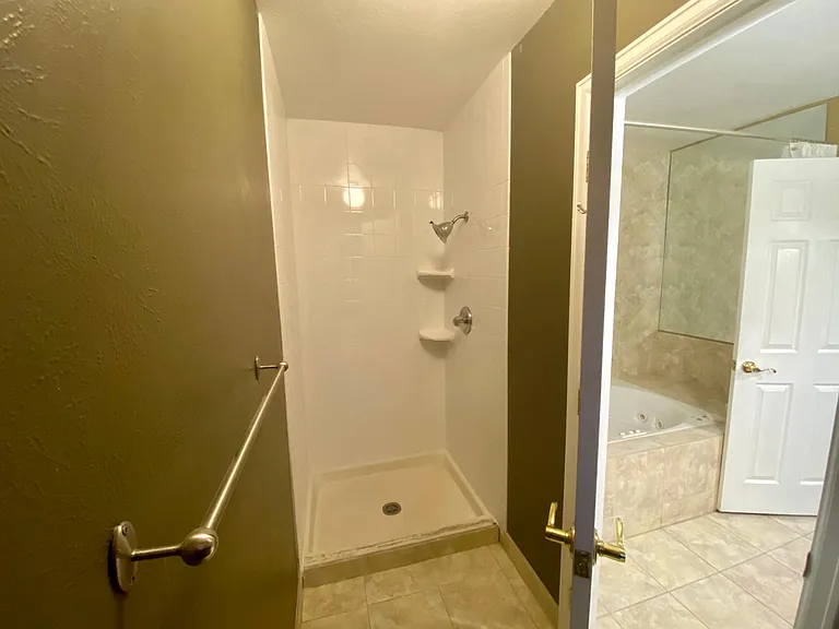 Newly tiled shower. New shower door going up.