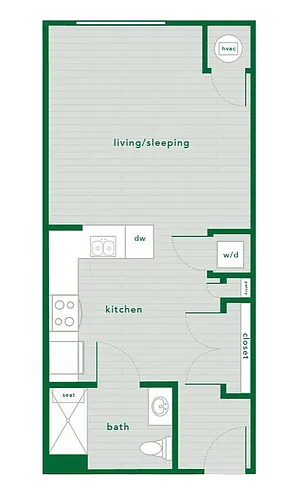 Floor plan 0 Bed 1 Bath - 496 Sq. Ft