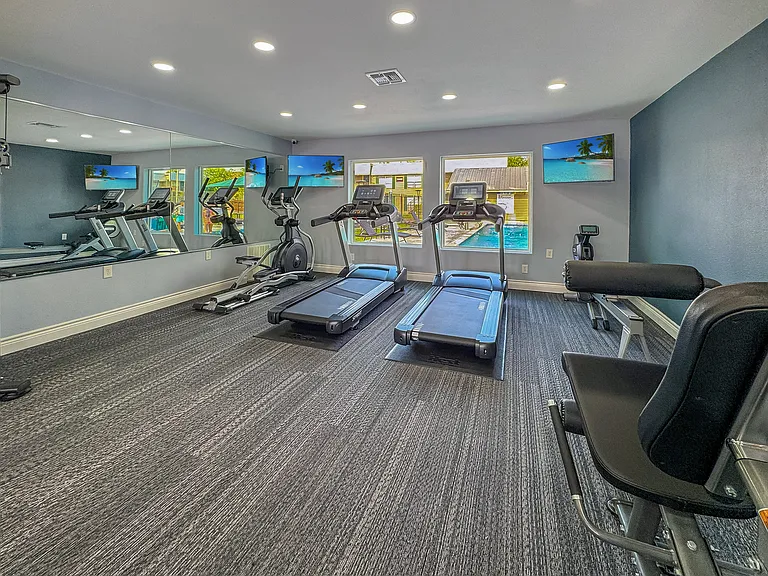 Bright fitness facility with large windows and state-of-the-art equipment at Borders Apartments Brownsville Texas.