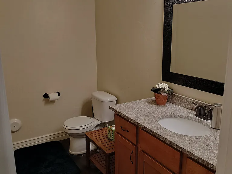 The family room features a Smart TV with a soundbar for streaming your favorite shows and an electric fireplace for added warmth and ambiance, creating a cozy entertainment space with a nearby bathroom.