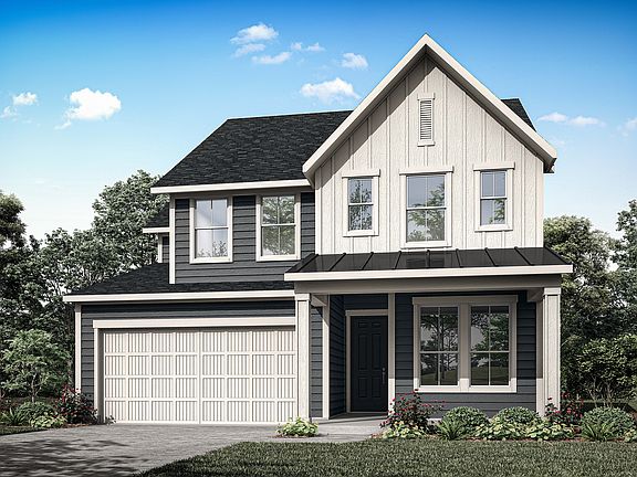 A two-story house with a gabled roof, white siding, and a garage door stands in a landscaped setting