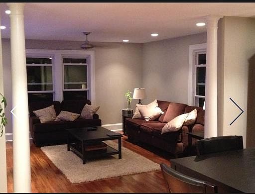 Cozy living room open to dining and kitchen