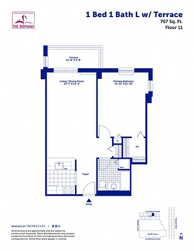 Floor plan 1 Bed 1 Bath L with Terrace