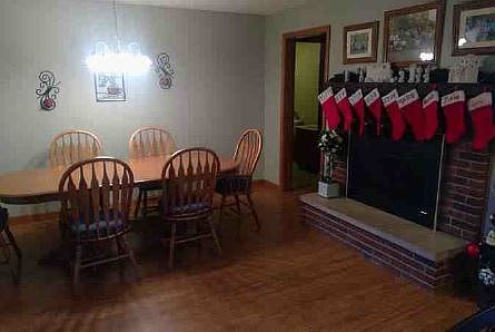 Fireplace in dining area