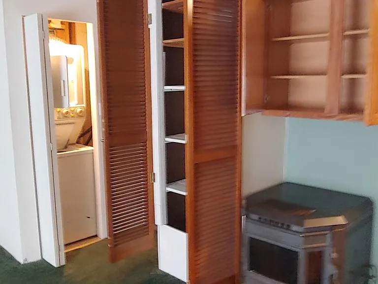 The carpet was updated to wood flooring and new doors on the linen closet