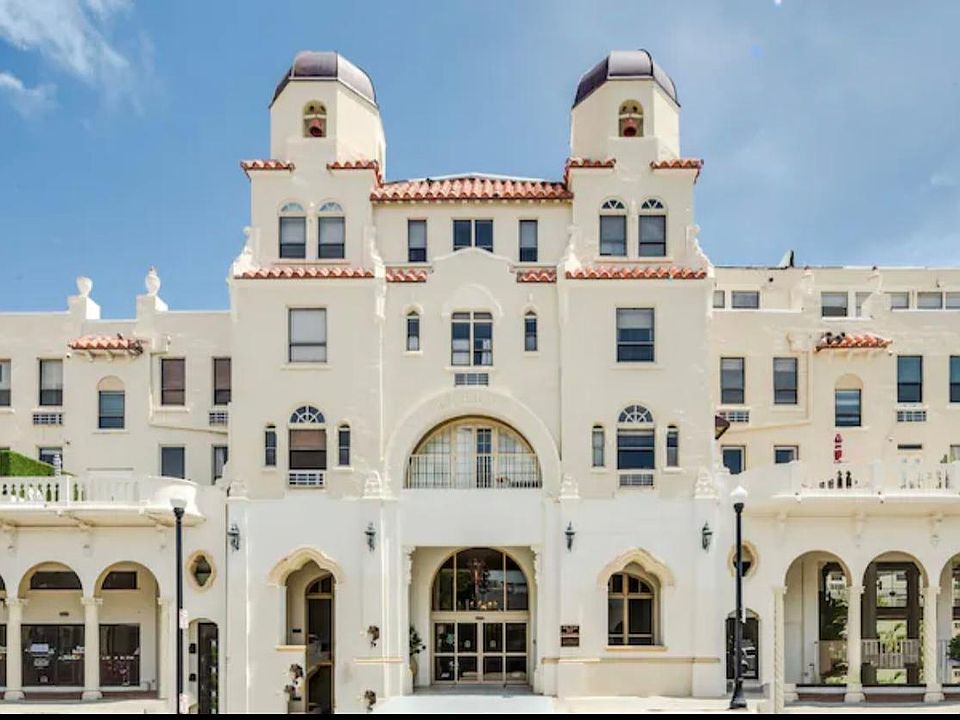 The Historic and landmarked Spanish Baroque facade of the circa 1925 Palm Beach Hotel.