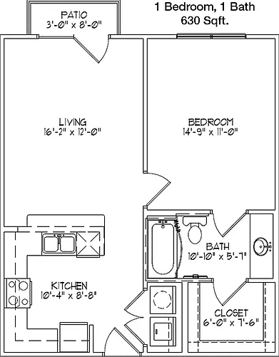 Floor plan 1 bed, 1 bath