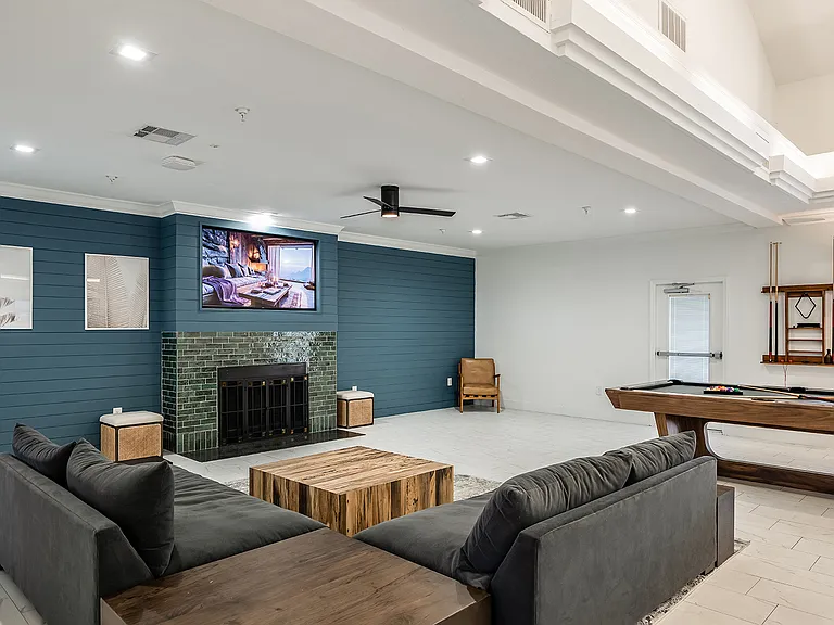 Resident lounge with entertainment and gathering spaces