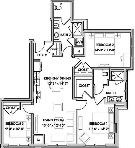 Floor plan Mansions 1 3 Bed/2 Bath-C5