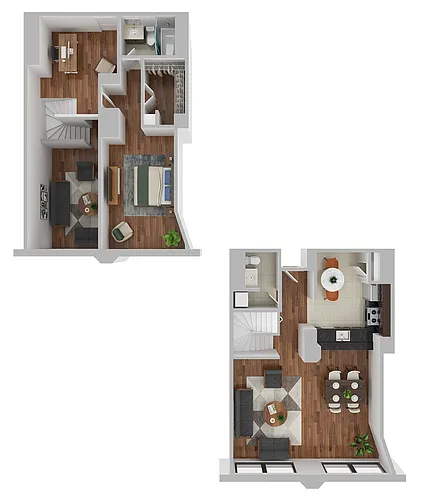 Floor plan 1 Bed 1.5 Baths Bi-Level with Den C