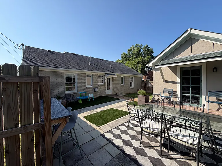 Patio, built-in bar, patio, adorable outbuilding for office/studio or playhouse