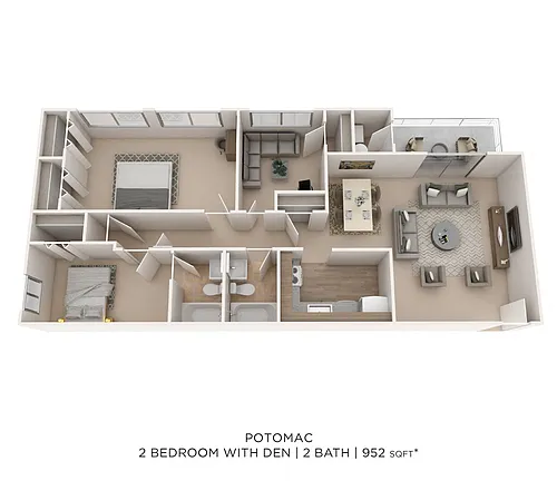 Floor plan Two Bedroom 2 Bath - 952 sqft