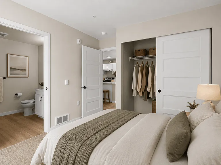 Staged primary bedroom with en-suite bathroom, sliding closet doors, luxury vinyl plank flooring, and modern furnishings. Staged primary bedroom with en-suite bathroom, sliding closet doors, luxury vinyl plank flooring, and modern furnishings.