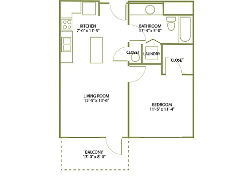 Floor plan 1 Bed/1 Bath-B-1A