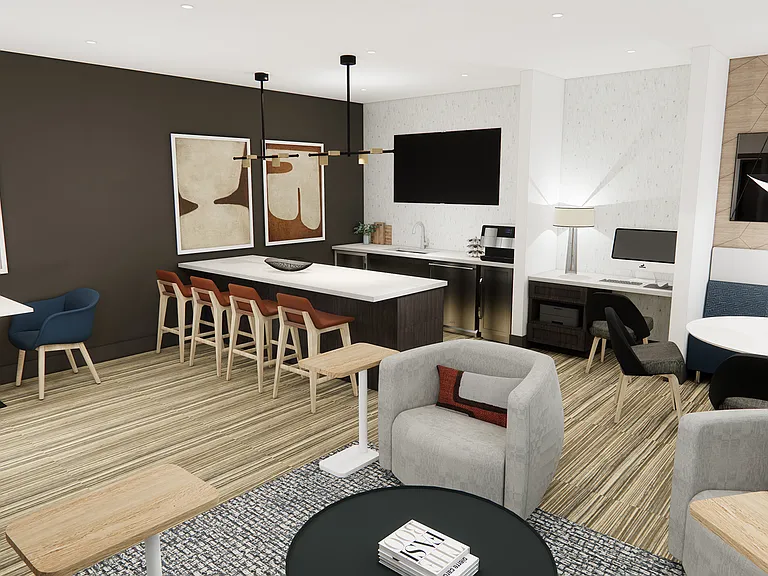 New resident lounge features comfortable seating, entertainment kitchen, &amp; work from home areas