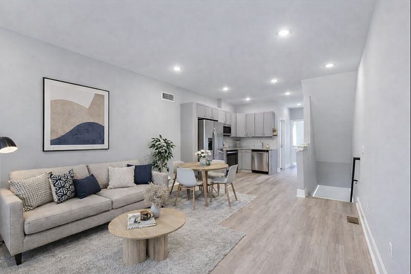 Kitchen-dining-living rendered as furnished