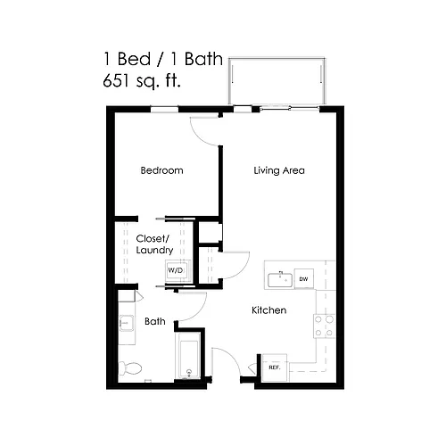 Floor plan 1 Bed / 1 Bath 651 sq ft 1B