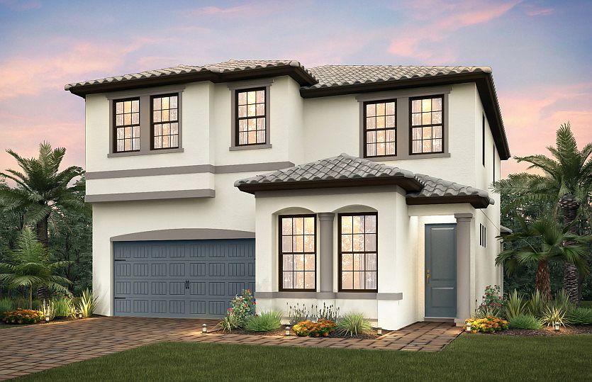 The Riverwalk, a two-story family home with a 2 car garage, shown with Home Exterior FM1C