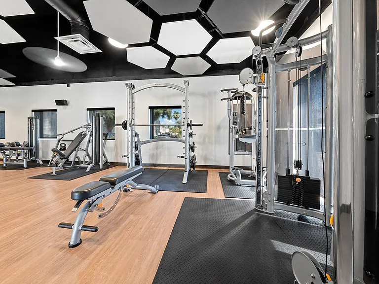 a fully equipped gym with free weights and other exercise equipment