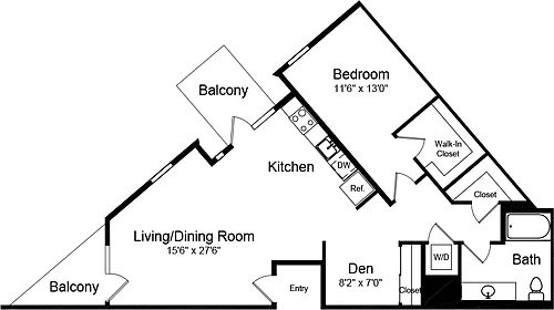 Floor plan 1 Bedroom C with 2 Balconies