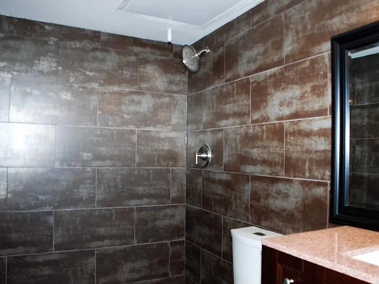 walk-in shower with large shower head